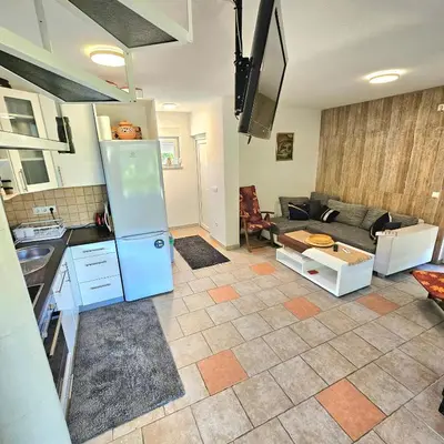 a kitchen and a living room with a couch at Vikendica na Sani Datea in Sanski most