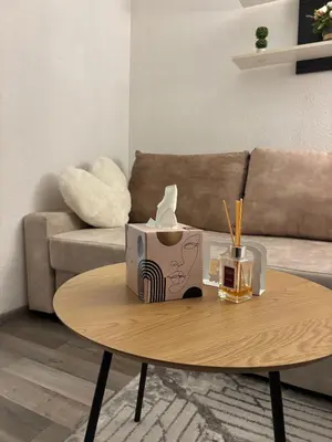 a coffee table in a living room with a couch at Apartman Rejjan in Zenica
