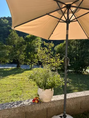 an umbrella sitting next to a vase with flowers at Oaza Vrbas - Riverside Bungalow near Jajce in Vinac