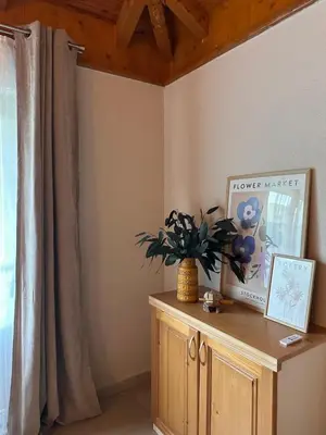 a room with a cabinet with a plant and a window at Oaza Vrbas - Riverside Bungalow near Jajce in Vinac