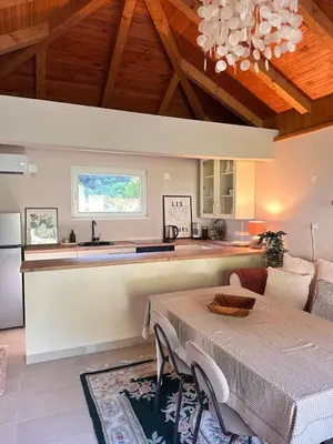 a kitchen and living room with a table and a counter at Oaza Vrbas - Riverside Bungalow near Jajce in Vinac