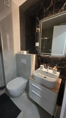 a bathroom with a sink and a toilet and a mirror at Cozy Home II in Banja Luka