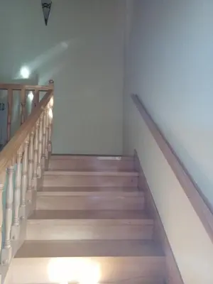 a stairway with wooden stairs in a room at Villa S&M in Ivišovo Greblje