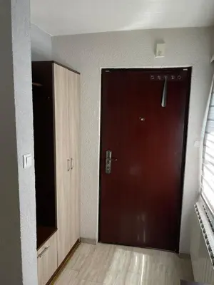 a dark brown door in a room with a wooden cabinet at PANONSKA JEZERA Zelena Oaza in Tuzla