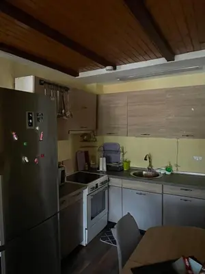 a small kitchen with a refrigerator and a sink at PANONSKA JEZERA Zelena Oaza in Tuzla