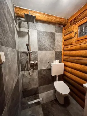 a bathroom with a toilet and a shower at Sofkin salas in Prijedor