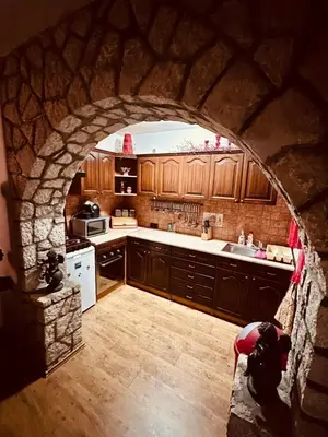 a kitchen with a stone archway in a kitchen at Vikendica Dion in Srebrenik