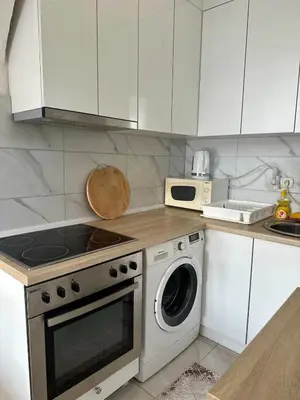 a kitchen with a stove and a washing machine at Hilltop Family House Panoramic Views in Dobrnja
