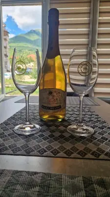 two wine glasses sitting next to a bottle of wine at Apartman Katja Travnik in Travnik