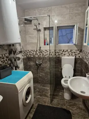 a bathroom with a shower and a toilet and a sink at Sobe Kovacevic