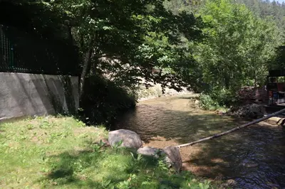 a river with a rope in the grass and trees at Villa Duboka Bugojno in Bugojno