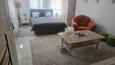 a bedroom with a bed and a table and a chair at 1 Room Suite Kuckovic in Bihać