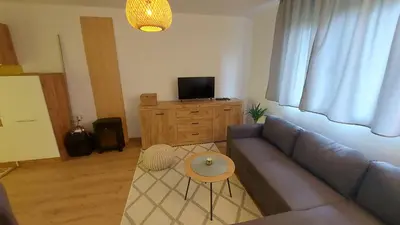 a living room with a blue couch and a tv at MALA KOLA - Weekend House in Banja Luka