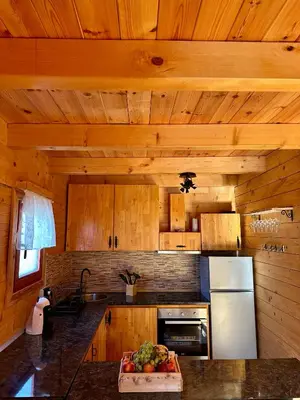 a kitchen with wooden ceilings and a counter with fruit on it at Dabar kuca za odmor in Banja Luka