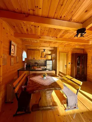 a kitchen with a table in a wooden room at Dabar kuca za odmor in Banja Luka