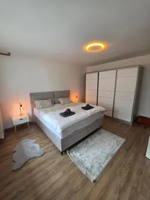 a bedroom with a large bed and a rug at Apartman Omerovic - Panon Centar Tuzla in Tuzla