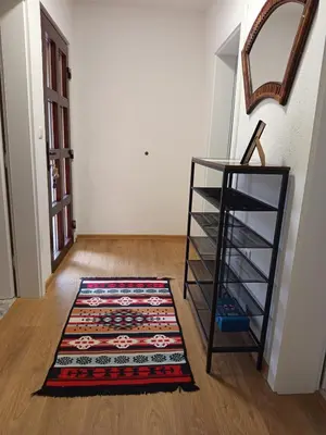 a room with a rug and a shelf and a mirror at Apartmani Piralis in Bihać