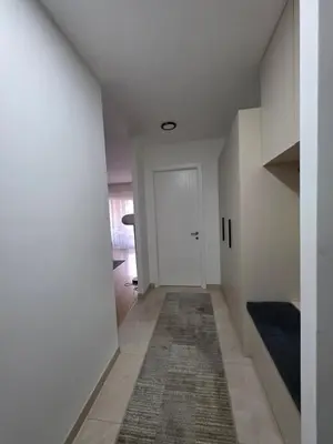 a hallway with a white door and a carpet at Apartman RS Palata in Banja Luka