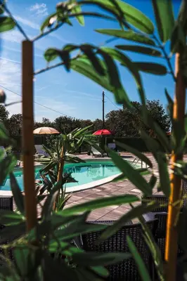 a swimming pool with umbrellas in front of a resort at Villa Tajna in Brčko
