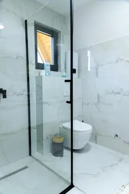 a bathroom with a glass shower and a toilet at Villa Tajna in Brčko