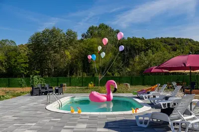 a pink flamingo in a swimming pool with balloons at Villa Tajna in Brčko