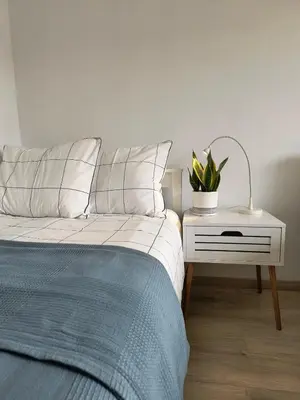 a bedroom with a bed and a nightstand with a plant at Sunflower Apartment in Banja Luka