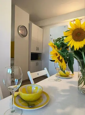a table with two glasses and a vase with a sunflower at Sunflower Apartment in Banja Luka