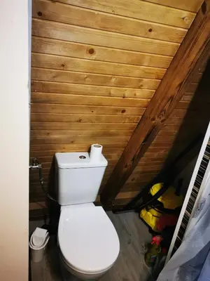 a toilet in a room with a wooden wall at Naša Maša Doboj- bungalov Nasa Masa Doboj-bungalov in Doboj