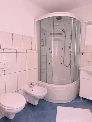 a bathroom with a shower and a toilet and a sink at Layal Home in Bihać