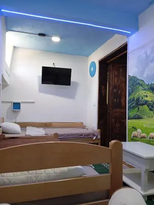 a room with two beds and a tv on the wall at Retro II
