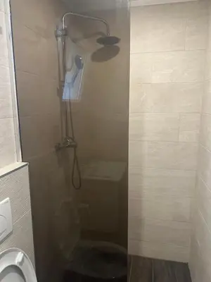 a bathroom with a shower with a toilet and a shower head at Apartments Daisy in Banja Luka