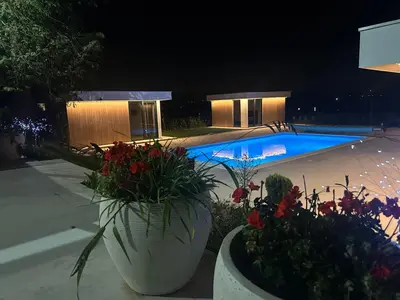 a swimming pool at night with two large pots of flowers at Apartments Daisy in Banja Luka