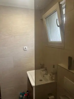 a small bathroom with a sink and a window at Apartments Daisy in Banja Luka