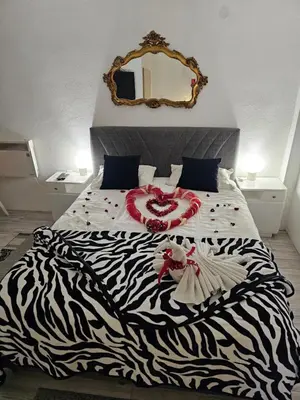 a zebra print bed in a bedroom with a mirror at Apartmani S Banja Luka in Pištelići