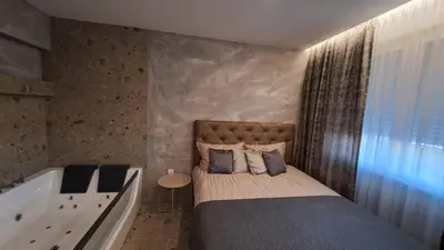 a bedroom with a bed and a bath tub at Relax Apartman DMBL in Banja Luka