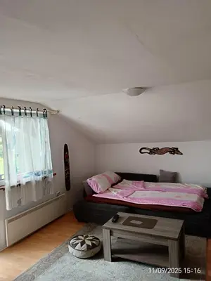 a bedroom with a bed and a table in it at CentarTuzla in Tuzla