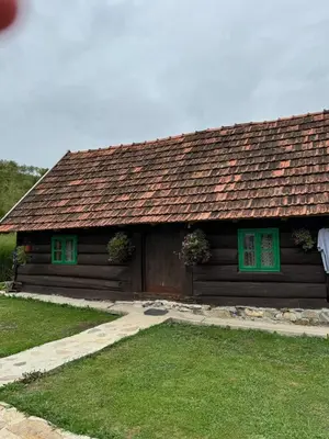 a house with green windows and a roof at Simetić