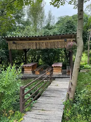 a wooden boardwalk in a garden with a pavilion at Simetić