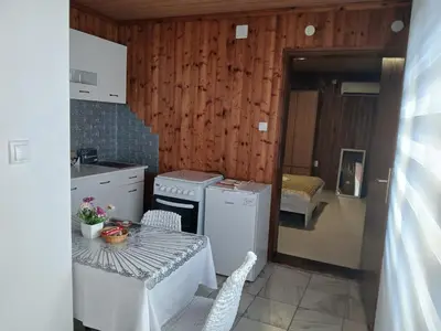 a kitchen with a table and a stove and a sink at Studio apartman MA Kostajnica in Kostajnica