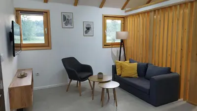 a living room with a blue couch and a table at Kovačnica 55