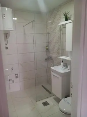 a bathroom with a shower and a toilet at SlatinaApartman in Tuzla