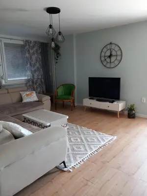 a living room with a couch and a flat screen tv at SlatinaApartman in Tuzla
