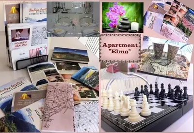 a collage of pictures of books and a chess board at Apartment Elma in Visoko