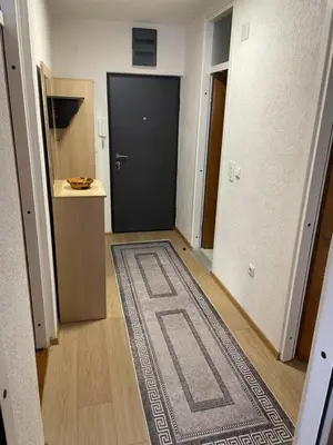 a hallway with a black door and a rug at Visoko Centar Apartment in Visoko