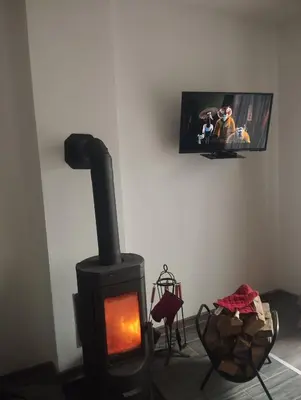 a fireplace in a room with a tv on the wall at Apartman 1001 in Vlasic