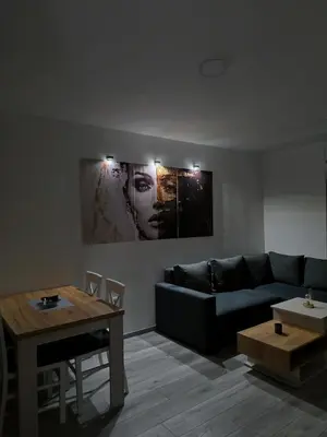 a living room with a black couch and a table at Apartman Prijedor in Prijedor