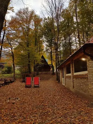 two red chairs sitting in the leaves in front of a cabin at Bungalovi Krupa in Banja Luka