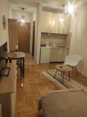 a room with a kitchen and a living room at Studio Maja in Banja Luka
