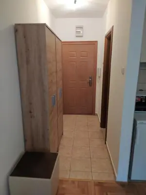 a hallway with wooden cabinets and a door at Studio Maja in Banja Luka