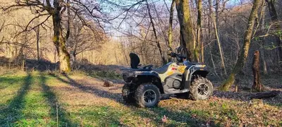 a four wheeler parked on a trail in the woods at Red Brick Guest House